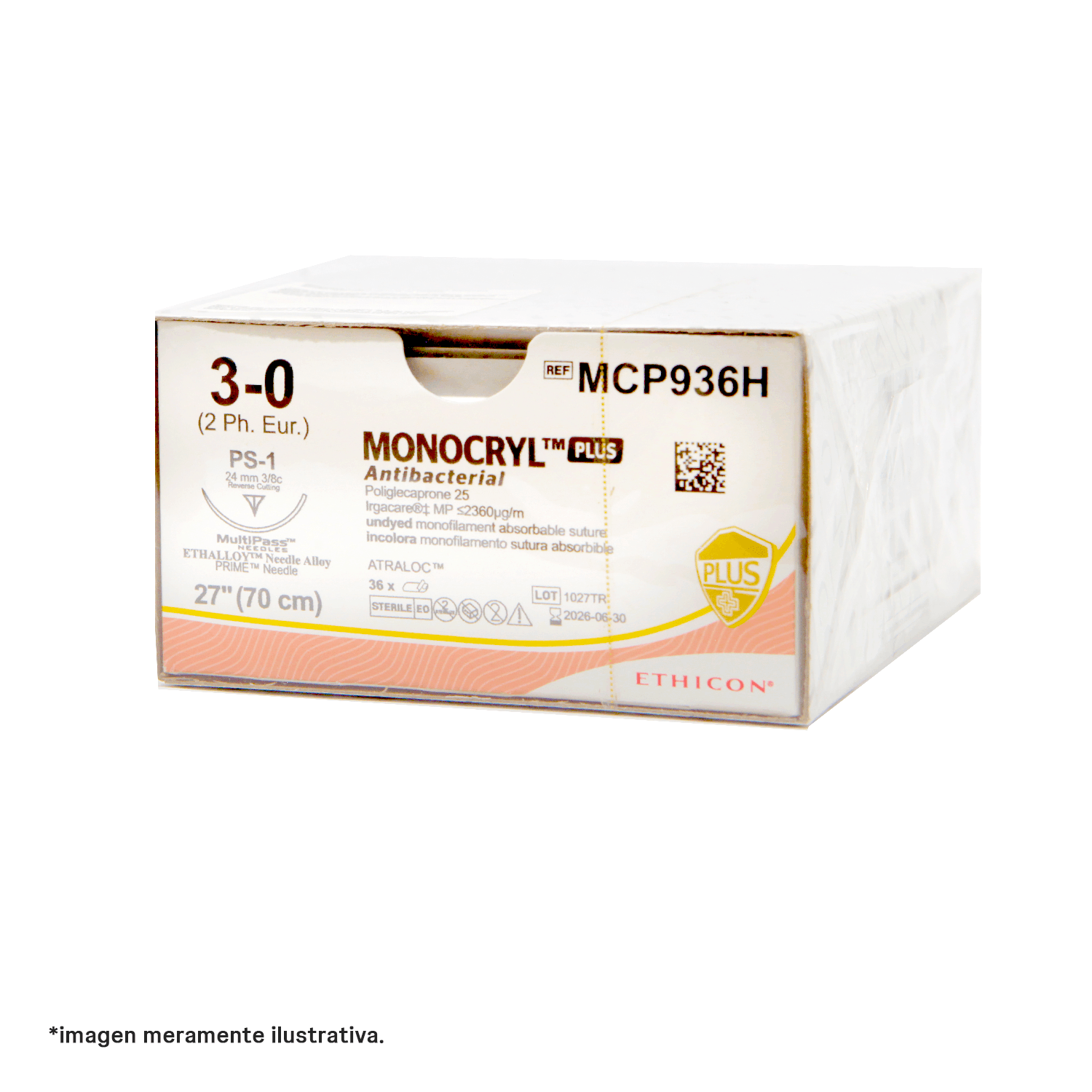 Sutura MONOCRYL™ Plus (Incoloro 3-0 70cm Ag. 3/8 24mm (PS-1))